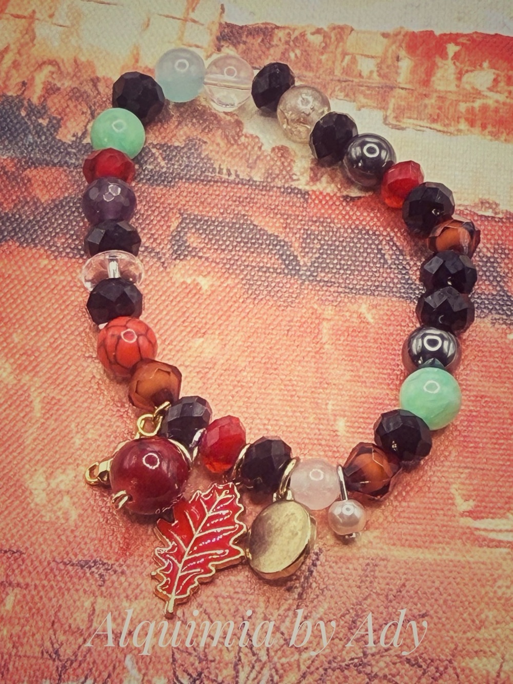 Alquimia Multi-Color Beaded Charm Bracelet with Red Leaf